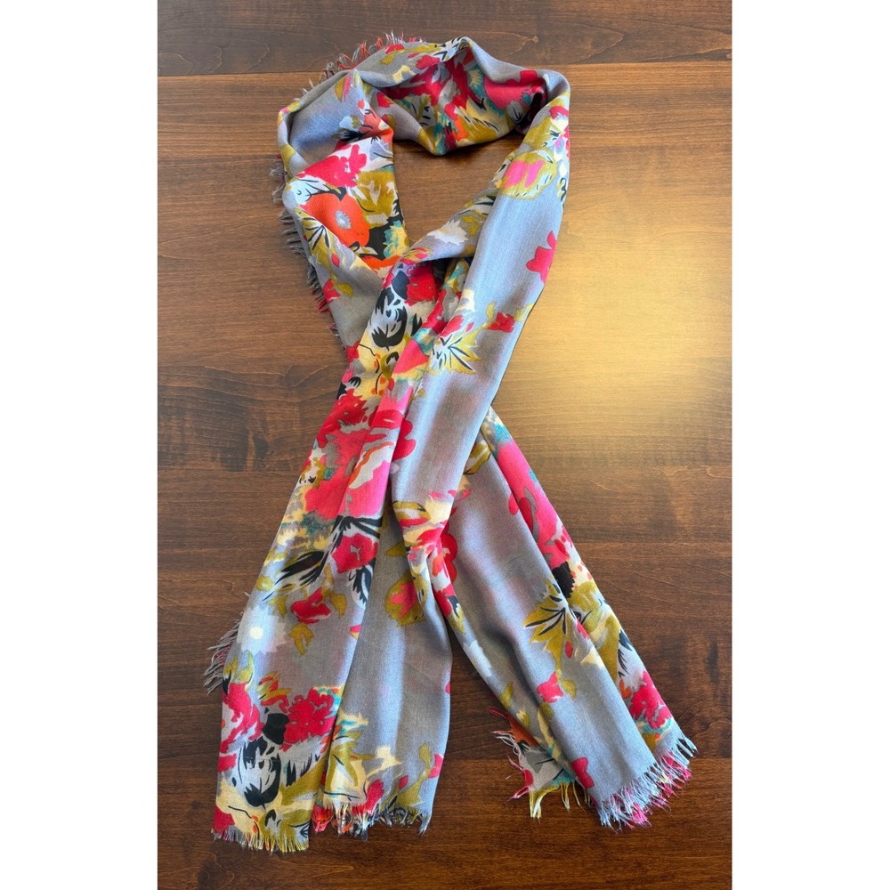 Floral Rose Print‎ Scarf Grey Pink Eyelash Fringe Bloomcore Maximalist Bohemian